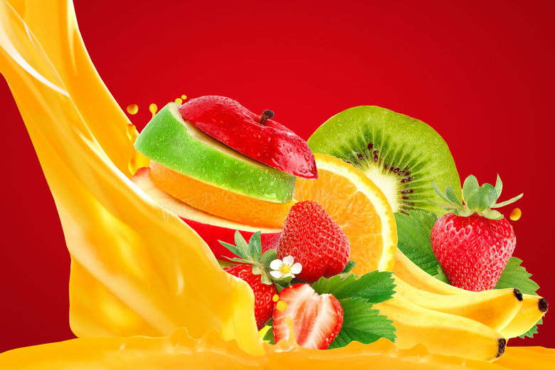 果汁与切开的多种水果摄影高清图片