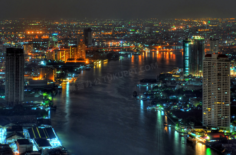 河两岸的繁华城市夜景摄影高清图片