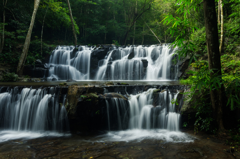 森林中美丽的小溪瀑布摄影图片