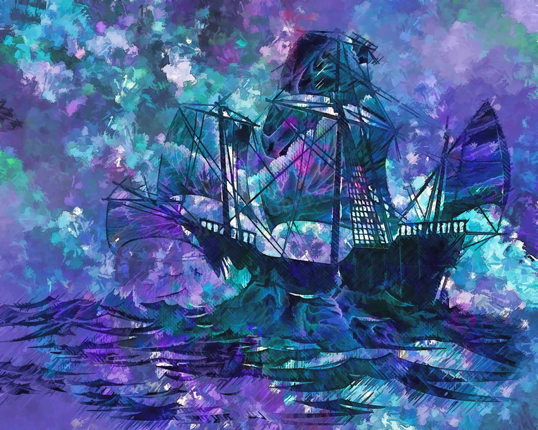 汹涌波涛上的帆船绘画创意高清图片