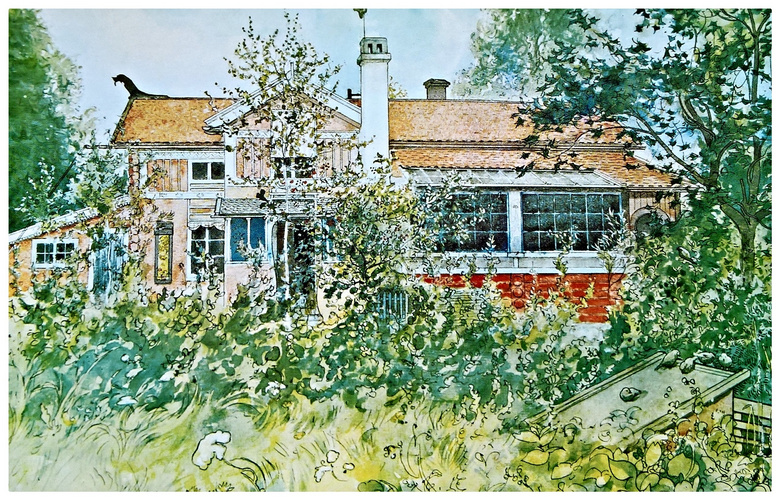 房子树丛庭院风光绘画创意高清图片