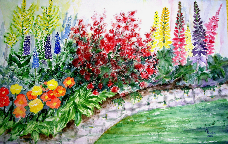 池塘边的鲜花植物绘画创意高清图片