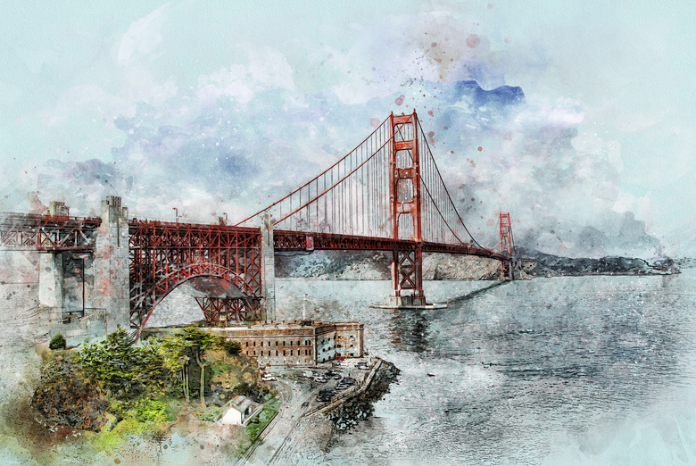 旧金山金门大桥水彩画创意高清图片
