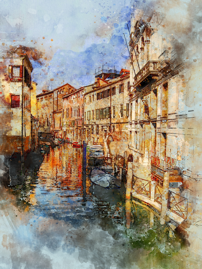 水城威尼斯街道风光水彩画高清图片
