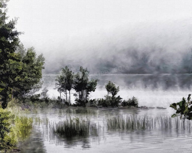 雾气湖畔树丛风光绘画设计高清图片