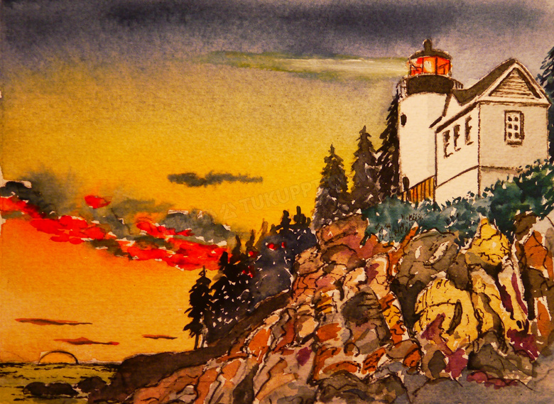 海边的灯塔与房子绘画创意高清图片