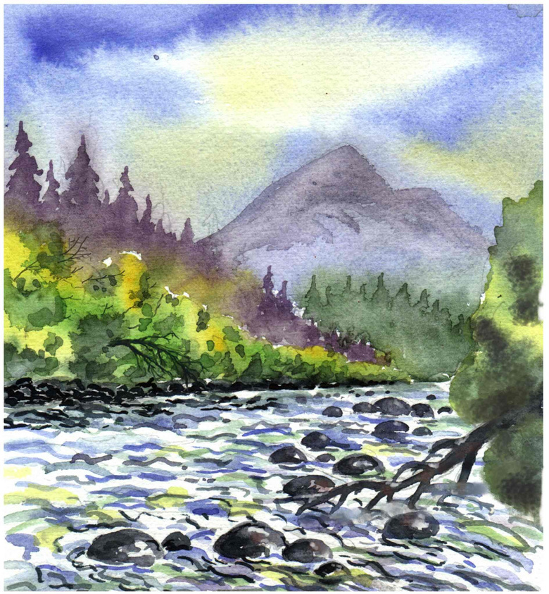 高山树木河流风光绘画设计高清图片