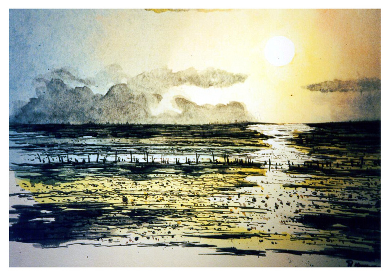 黄昏落日水上风光绘画设计高清图片