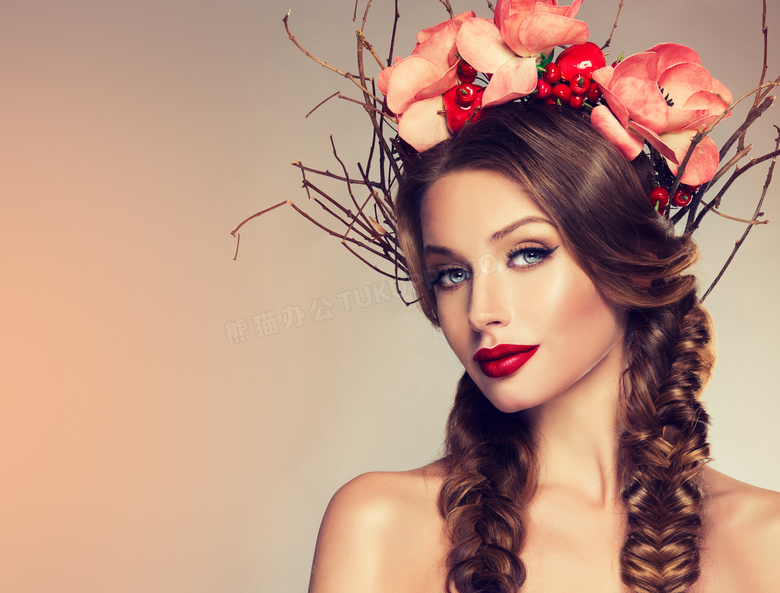 鲜花干枝发饰美女人物摄影高清图片