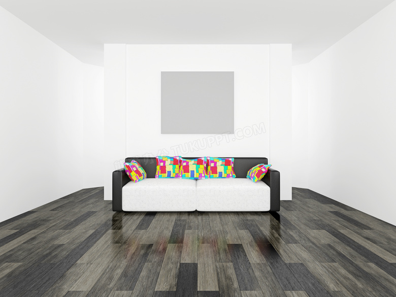 彩色抱枕与黑白色沙发效果高清图片