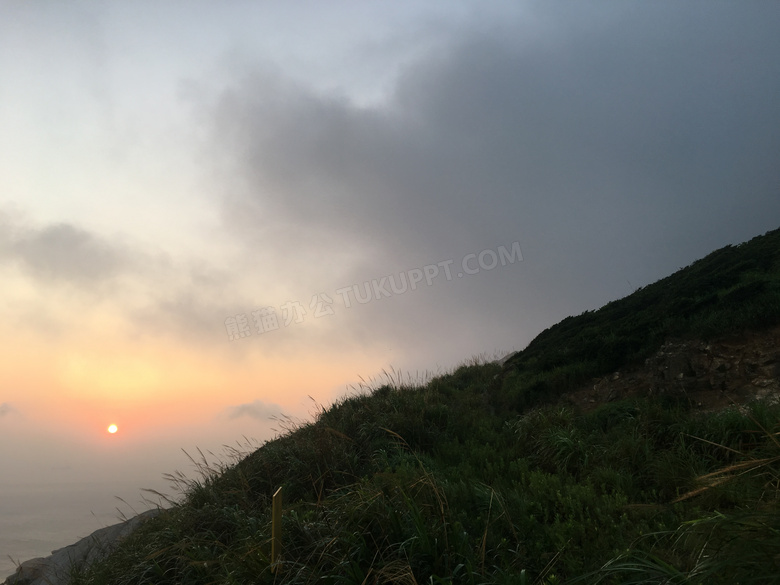 山坡植物与在朝霞中的太阳高清图片