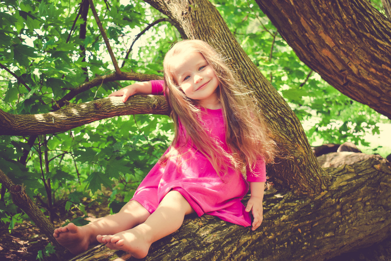 在大树上的金发小女孩摄影高清图片
