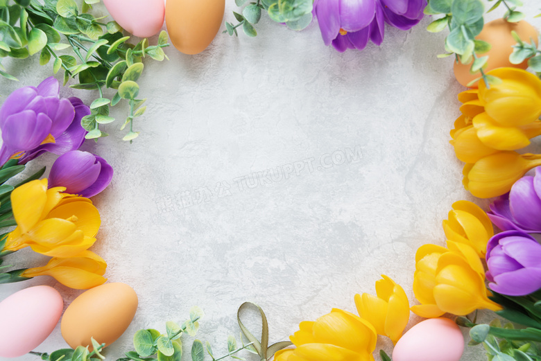 复活节彩蛋与鲜花边框摄影高清图片