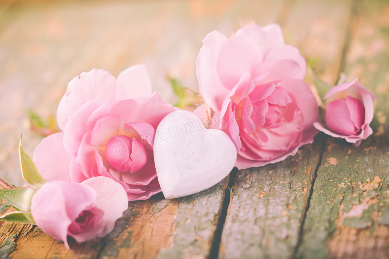 心形与粉色的玫瑰花朵摄影高清图片