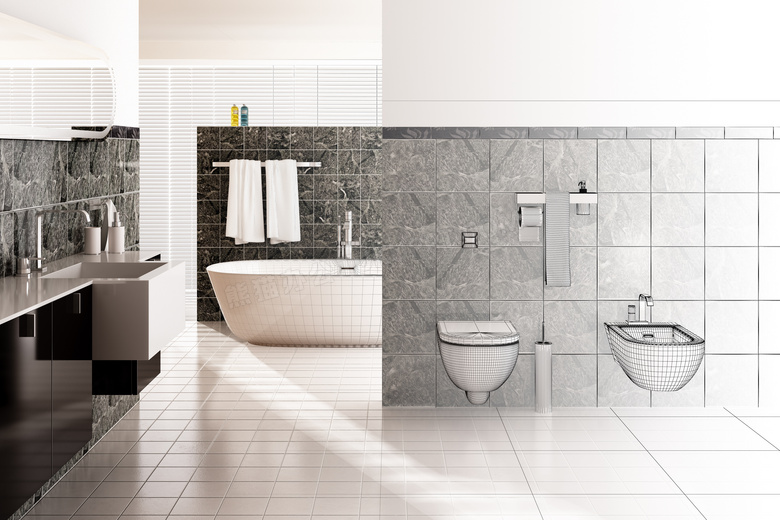 洗手间浴缸与卫浴设施渲染效果图片