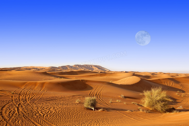 沙漠风光与挂在空中的月亮高清图片
