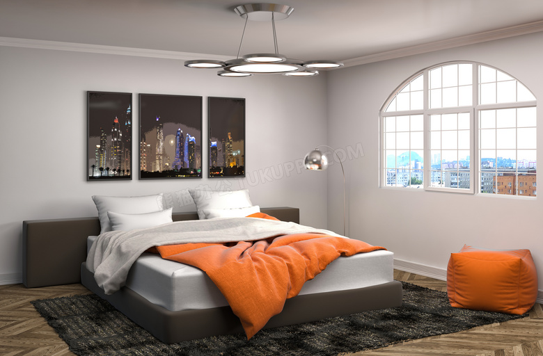 卧室的吊灯装饰画与双人床高清图片