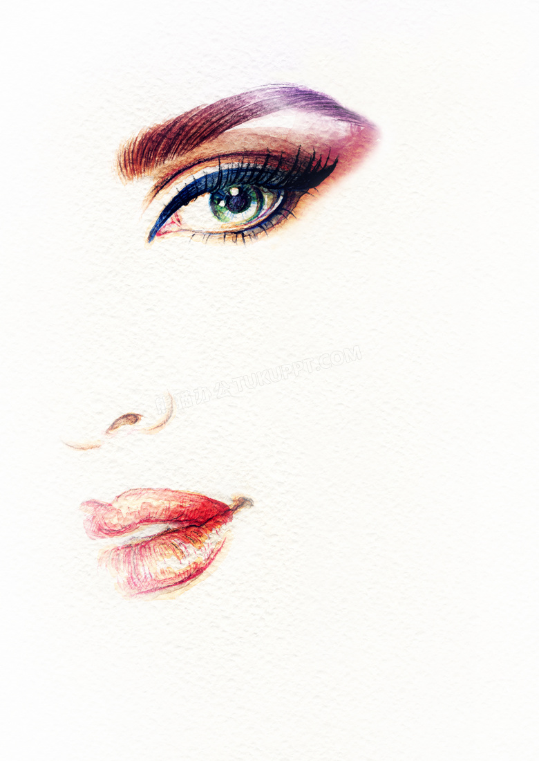 红唇与明亮的眼眸水彩绘画创意图片