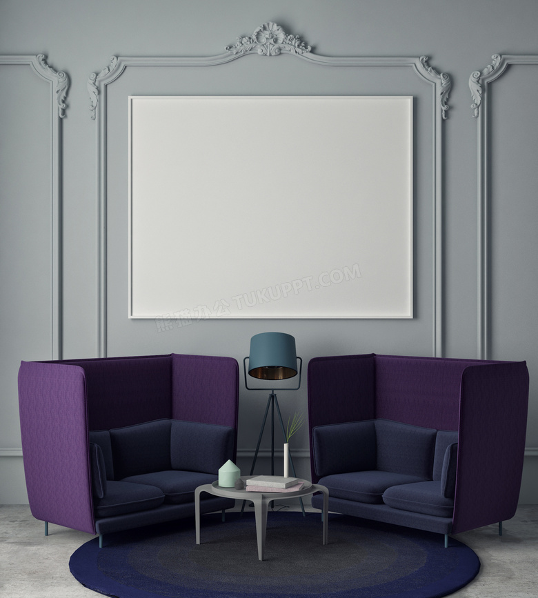 挂画茶几与紫色的沙发创意高清图片