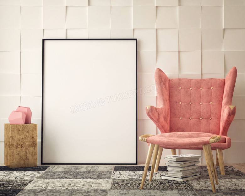 空白装饰画与粉色沙发摄影高清图片