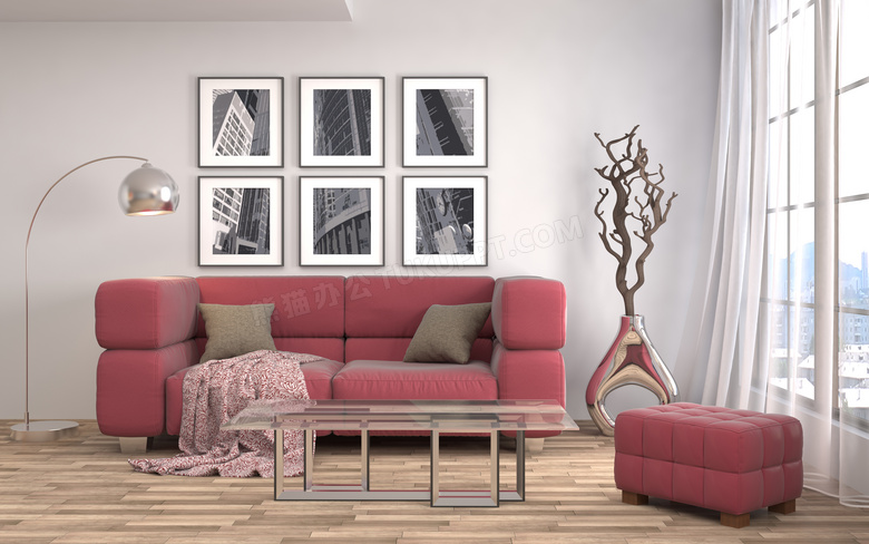 室内的红色沙发与干枝挂画高清图片