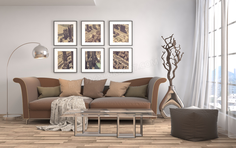棕色沙发与墙上的挂画创意高清图片