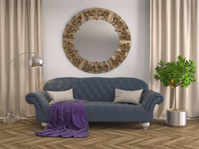 绿植沙发与圆形的挂件陈设高清图片