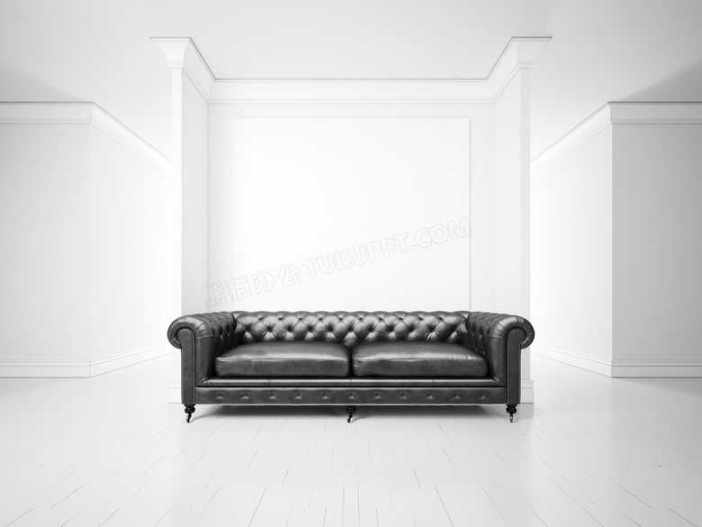 白色房间黑色真皮沙发摄影高清图片