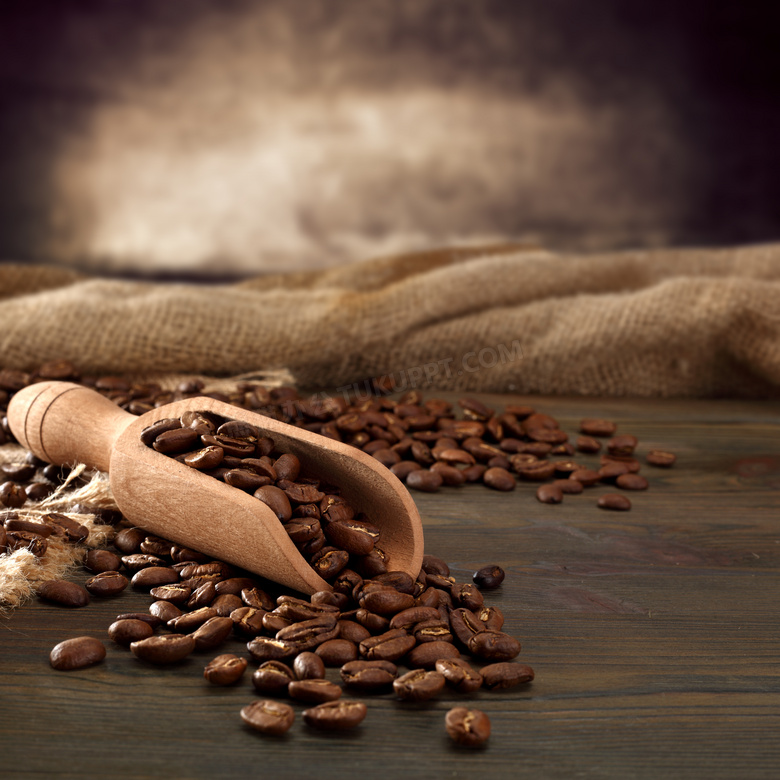 麻袋与铲咖啡豆的木铲摄影高清图片