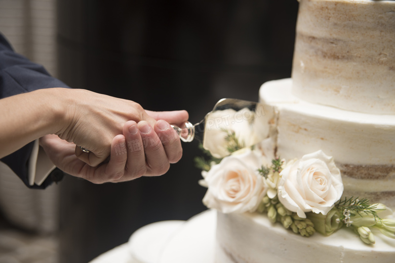 切婚礼蛋糕的情景特写摄影高清图片