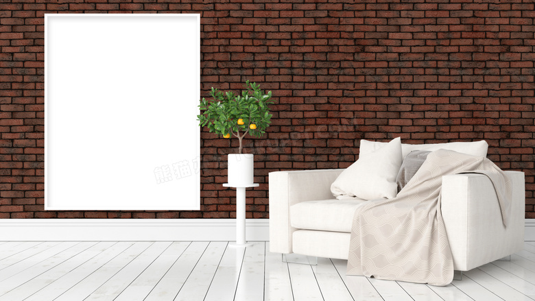 沙发植物与仿砖效果的墙壁高清图片