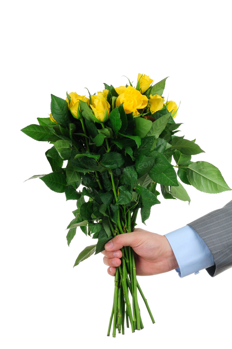 拿在手里的黄玫瑰花束摄影高清图片