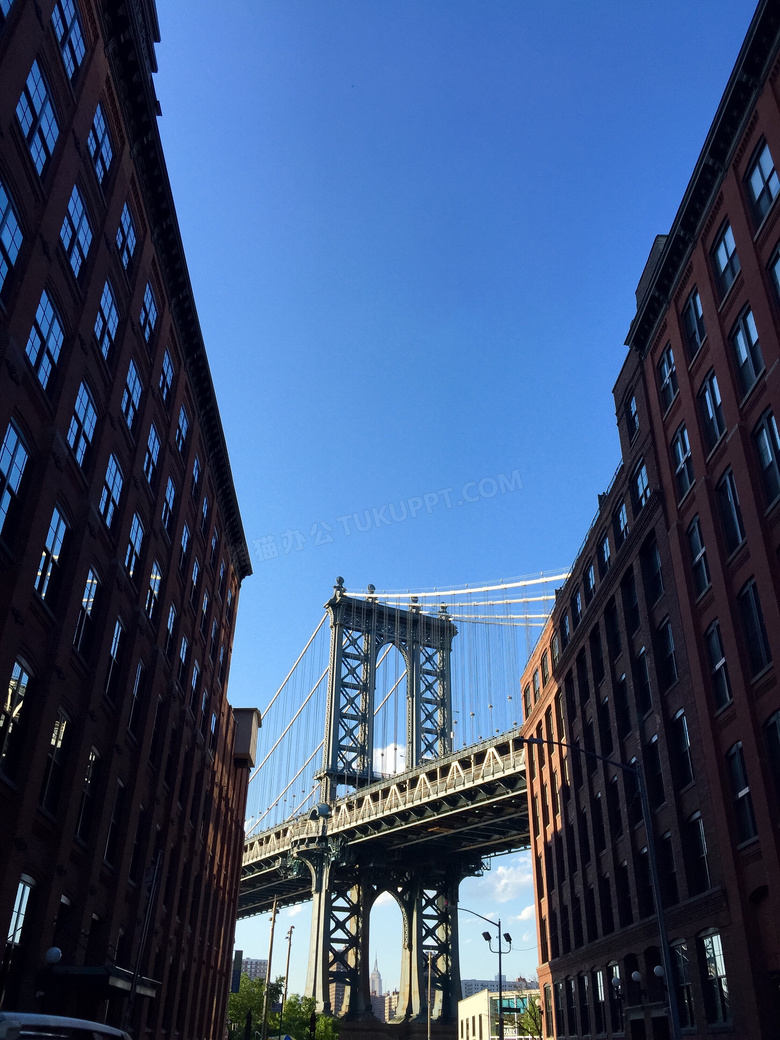 蓝天白云与布鲁克林桥摄影高清图片
