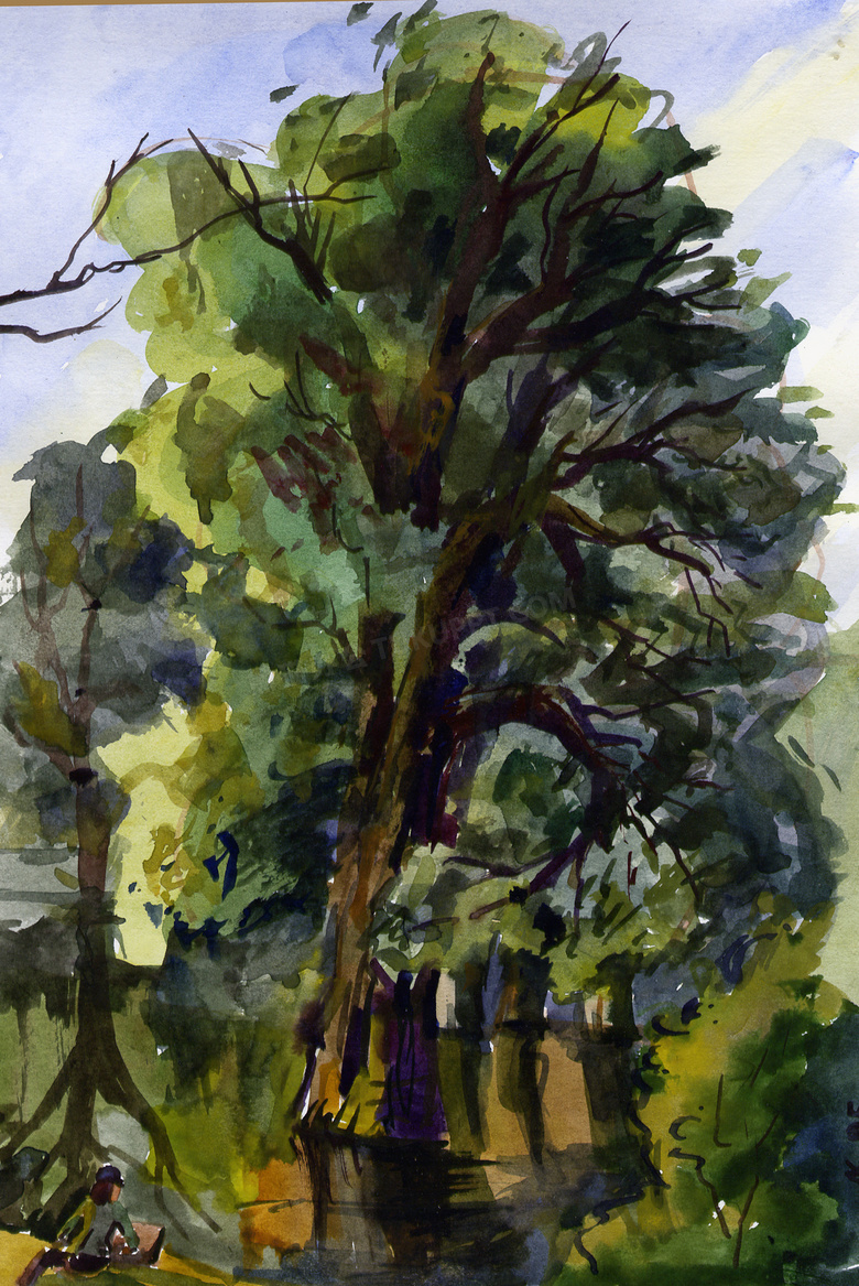 生长茂盛的大树水彩画创意高清图片