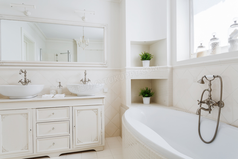浴室柜与复古风格花洒摄影高清图片