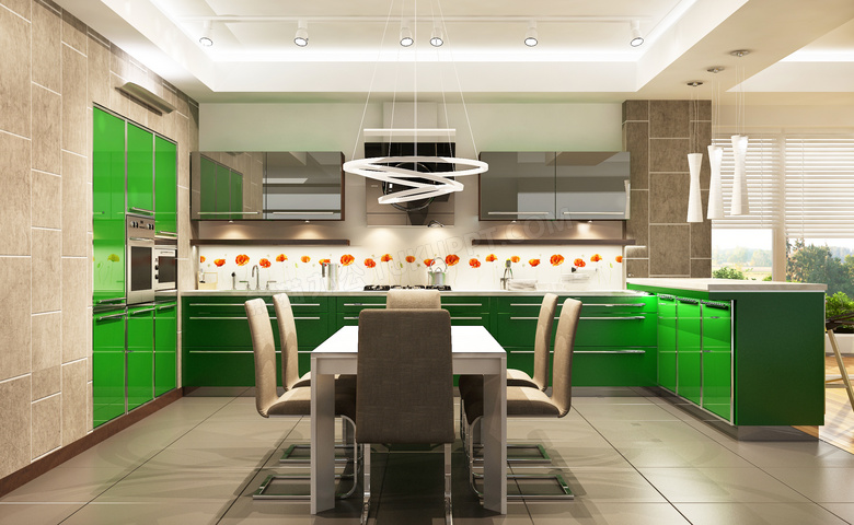 厨房桌椅与绿色的橱柜摄影高清图片