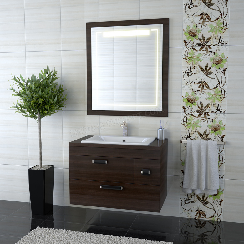 浴室柜毛巾架与镜子等摄影高清图片
