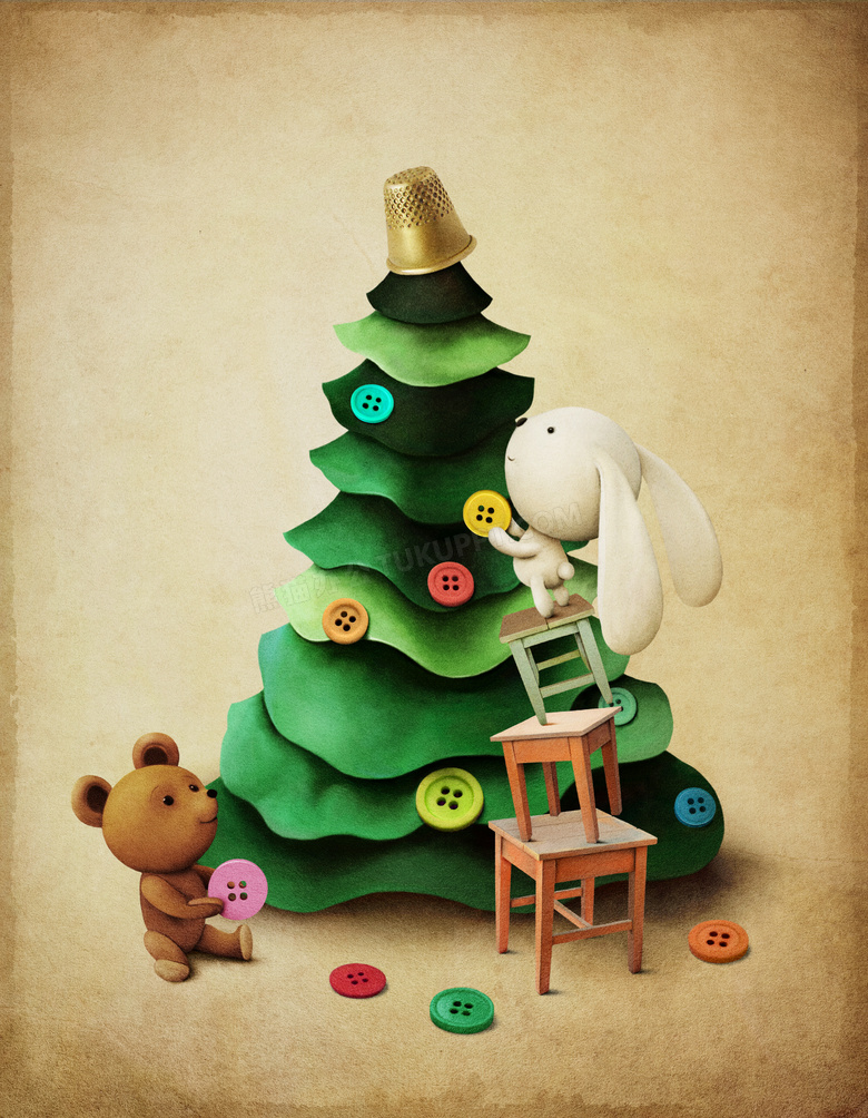 装饰圣诞树的小熊小兔创意插画图片