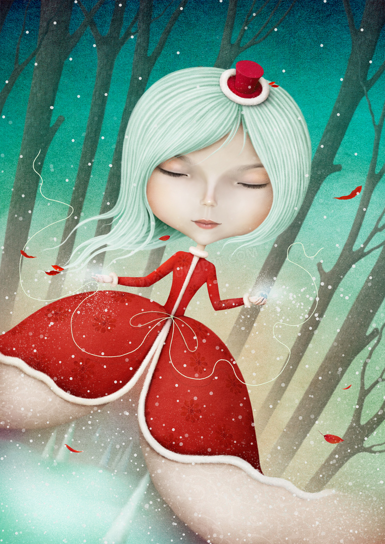 林中红裙精灵插画创意设计高清图片