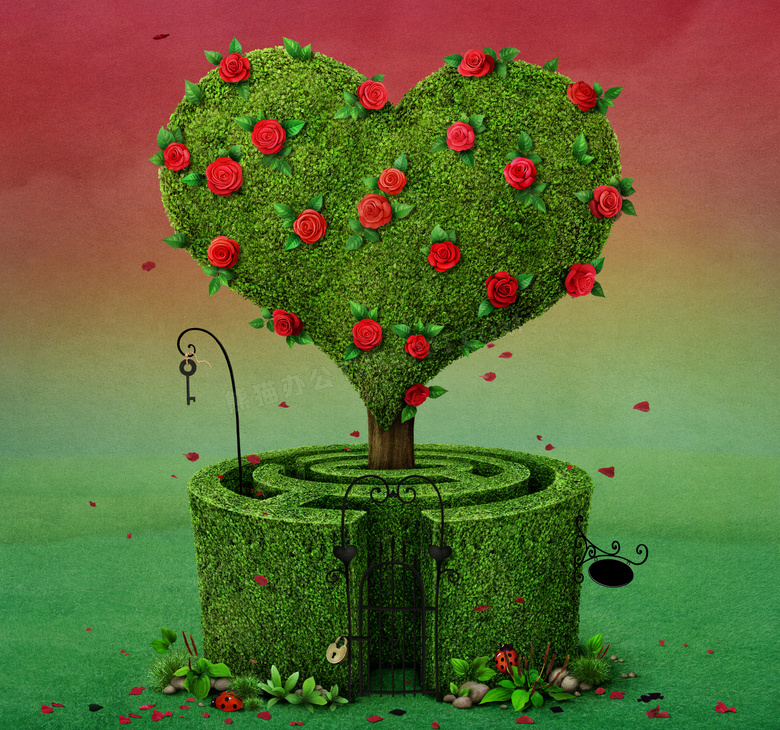 红色玫瑰花点缀的大树创意插画图片