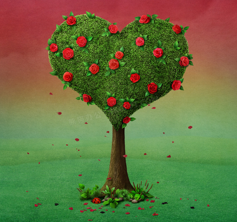 心形大树与飘落的花瓣创意插画图片