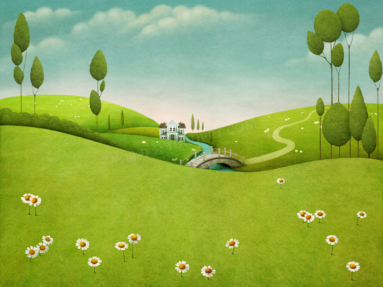 小桥房子与连绵的山丘插画创意图片