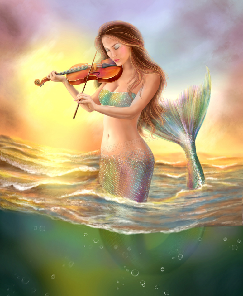 水中拉小提琴的美人鱼创意高清图片