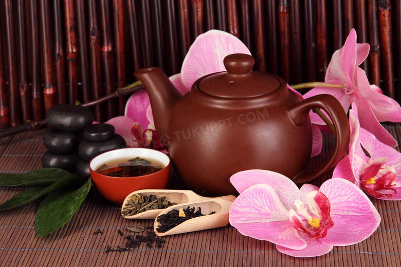 茶叶鲜花与紫砂壶茶具摄影高清图片