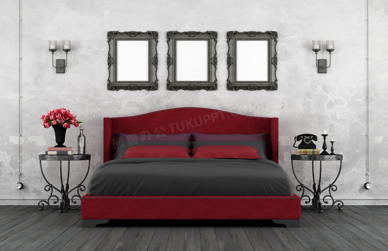 房间大床与壁灯画框等摄影高清图片