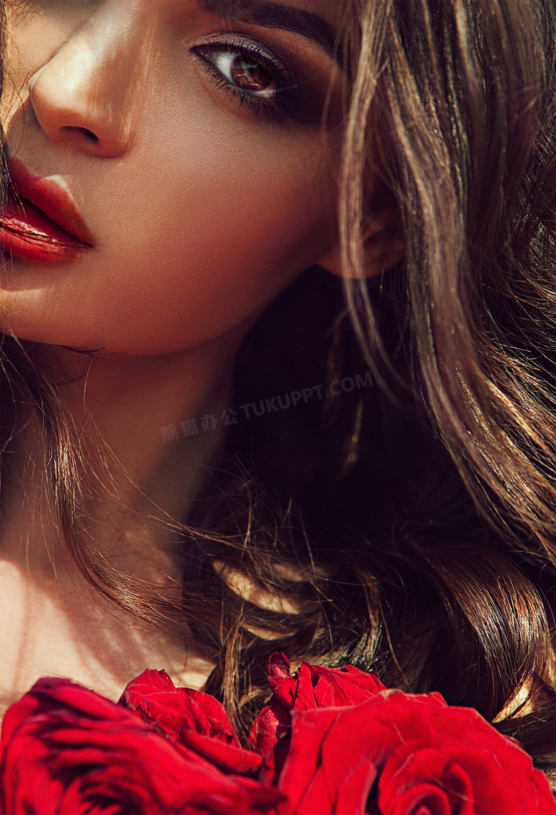 红玫瑰花长发美女特效摄影高清图片
