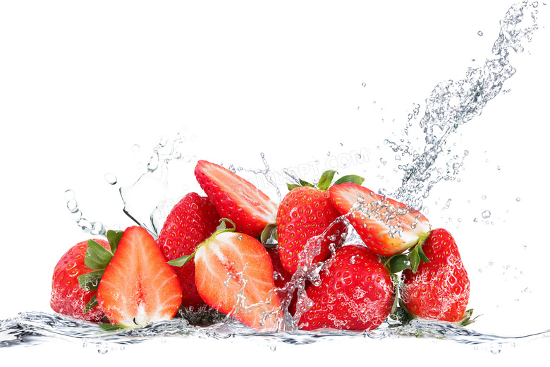 新鲜草莓与四溅的水花摄影高清图片