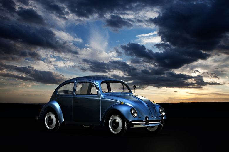 崭新复古风蓝色小汽车摄影高清图片