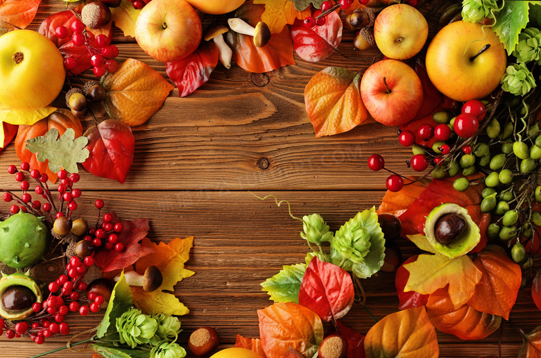 苹果与秋天树叶等特写摄影高清图片