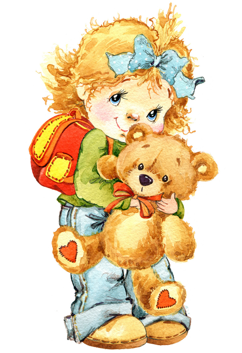 怀里抱着泰迪熊的女孩绘画高清图片